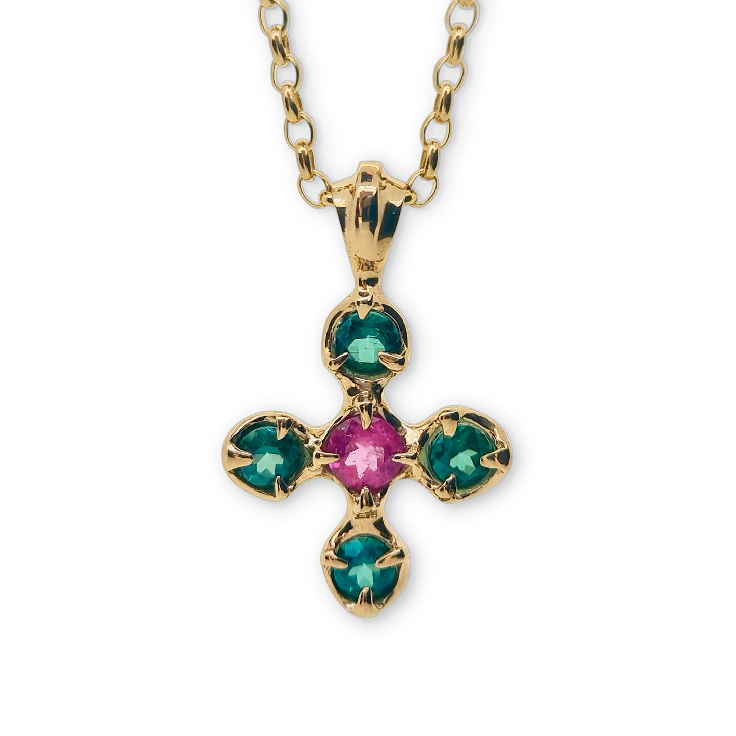 Stone Cross Pendant with Pink Tourmaline and Teal Topaz in 9ct Ina Gold