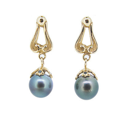 Curleque Stud Earrings with Tahitian Pearls and Blue Diamonds in 9ct Gold