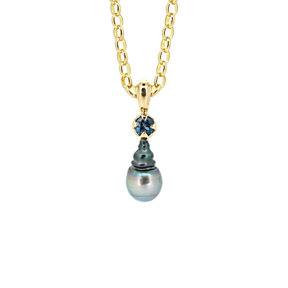 Little Obelia Pendant with Tahitian Pearl and London Blue Topaz in 9ct Gold