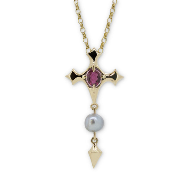 Baroque Pendant with Pink Tourmaline and Silver Tahitian Pearl in 9ct Ina Gold