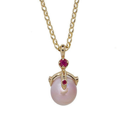Queen Orb Pendant/pink freshwater pearl, ruby, 9ct