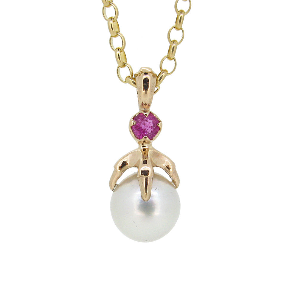 Talon Obelia Pendant with White South Sea Pearl and Pink Tourmaline in 9ct Gold