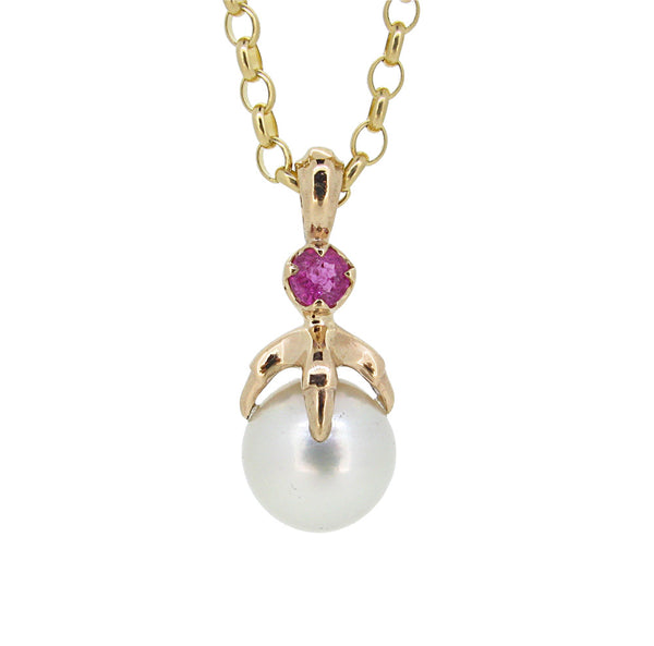 Talon Obelia Pendant with White South Sea Pearl and Pink Tourmaline in 9ct Gold