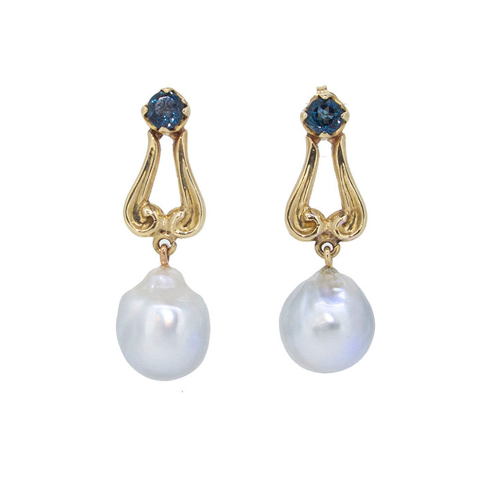 Curleque Earrings with London Blue Topaz and Tahitian Keshi Pearl in 9ct Gold