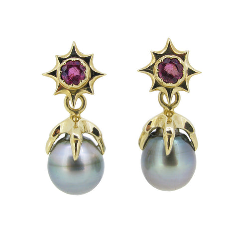 Miranda Talon Earring Pair with Pink Tourmaline and Tahitian Pearl in 9ct Gold