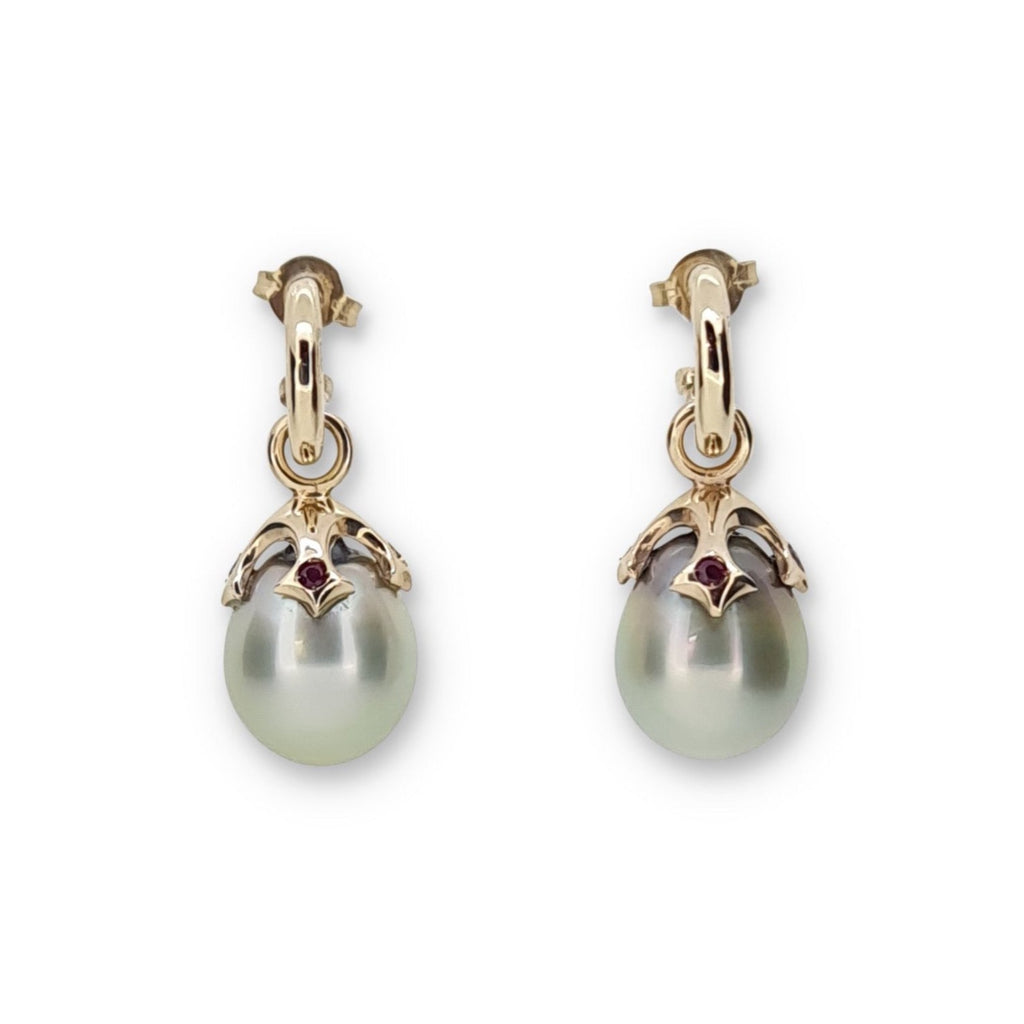 Majesty Drop Earrings with Silver Tahitian Pearls and Natural Rubies in 9ct Ina Gold
