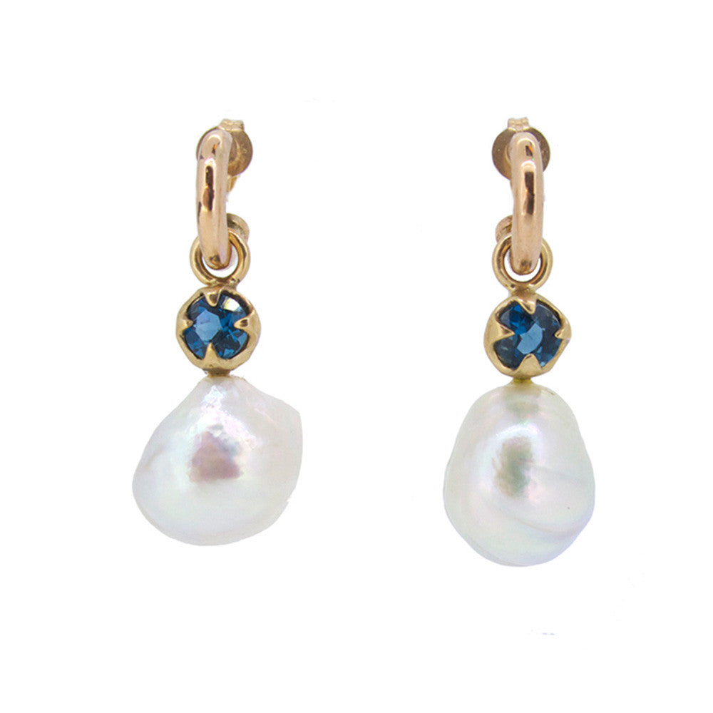 Obelia Earring Drops with London Blue Topaz and Freshwater Keshi Pearls
