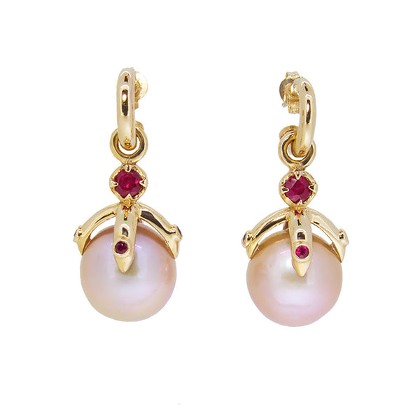 Orb Earring Drop pair/pink freshwater pearls, ruby, 9ct