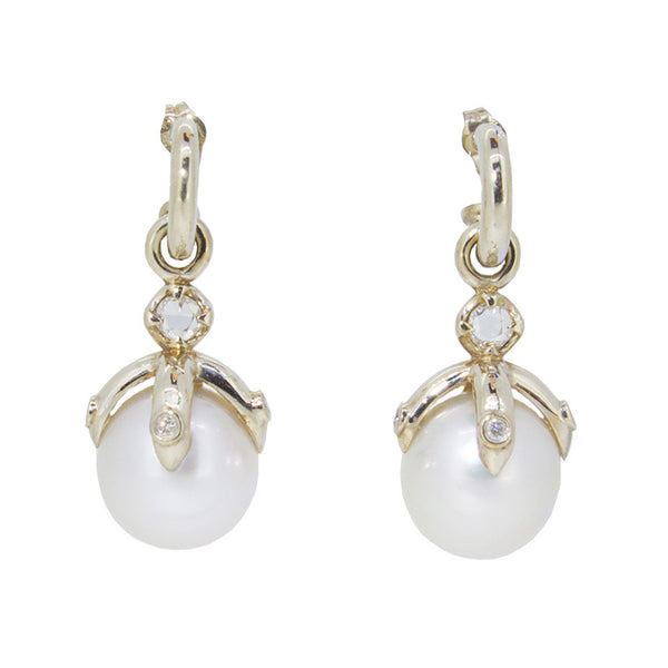 Orb Earring Drop Pair with White South Sea Pearls and Diamonds in 9ct White Gold