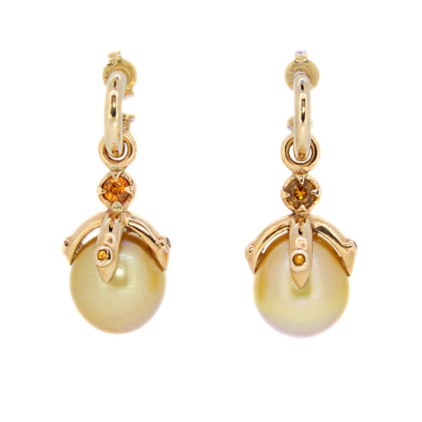 Orb Earring pair with gold South Sea pearls, sapphires and spessatite garnet, 9ct