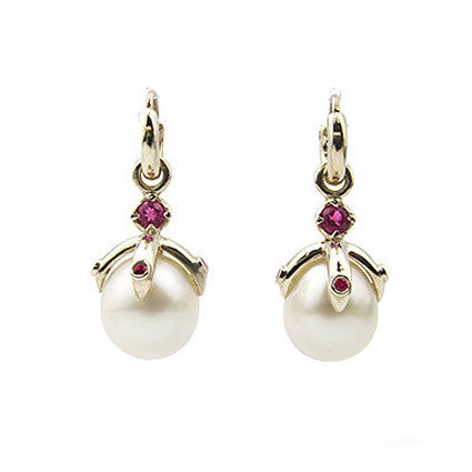 Orb Earrings with White South Sea pearls Pink Tourmaline in 9ct Gold