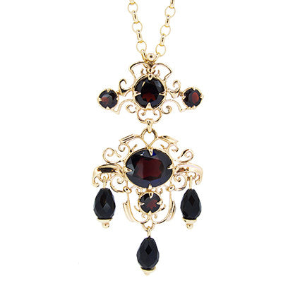 Grande Tante Pendant with Dark Garnets and Onyx in 9ct Ina Gold