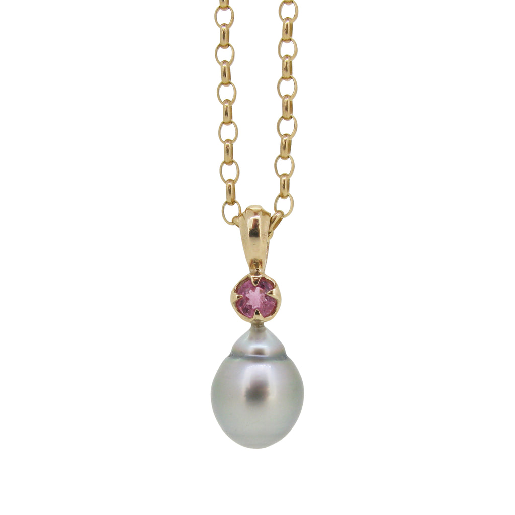 Obelia Pendant with silver Tahitian Pearl and Pink Tourmaline in 9ct Ina Gold