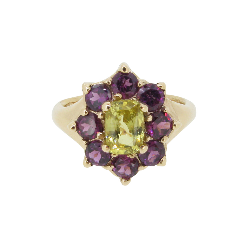Marilyn Ring with Yellow Cushion Cut Sapphire and Rhodolite Garnets in 9ct Gold