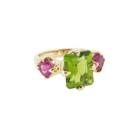 Edwardian Ring with Peridot and Rubellite Tourmaline in 9ct Ina Gold