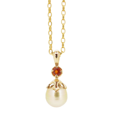 Majesty Obelia Pendant with Gold South Sea Pearl and Orange Sapphire in 9ct Ina Gold