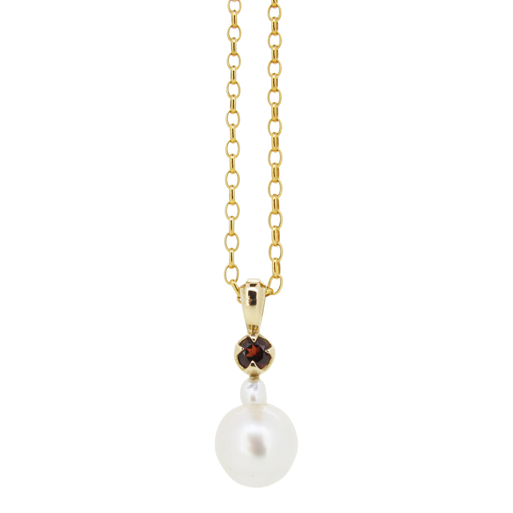 Little Obelia Pendant with white South Sea Pearl and Garnet in 9ct Gold