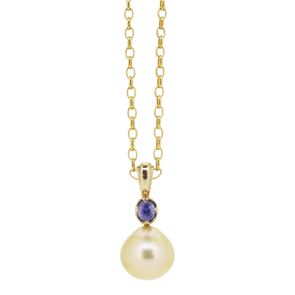 Little Obelia Pendant with Gold South Sea Pearl and Purple Sapphire in 9ct Gold