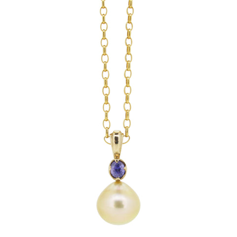 Little Obelia Pendant with Gold South Sea Pearl and Purple Sapphire in 9ct Gold