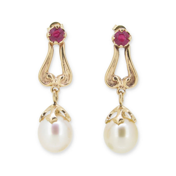 Curleque Majesty Drop Earrings in 9ct Ina Gold with filled Rubies & Cream South Sea Pearls
