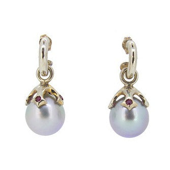 Majesty Pearl Drop Pair with Silver Tahitian Pearls and Rubies in 9ct White Gold