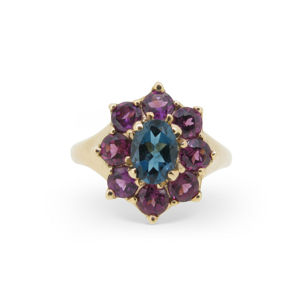 Marilyn Ring with London Blue Topaz and Rhodolite Garnets in 9ct Ina Gold