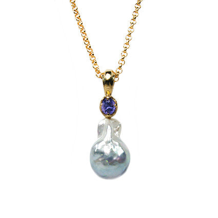 Obelia Pendant with South Sea Baroque Pearl and Sapphire in 9ct Gold