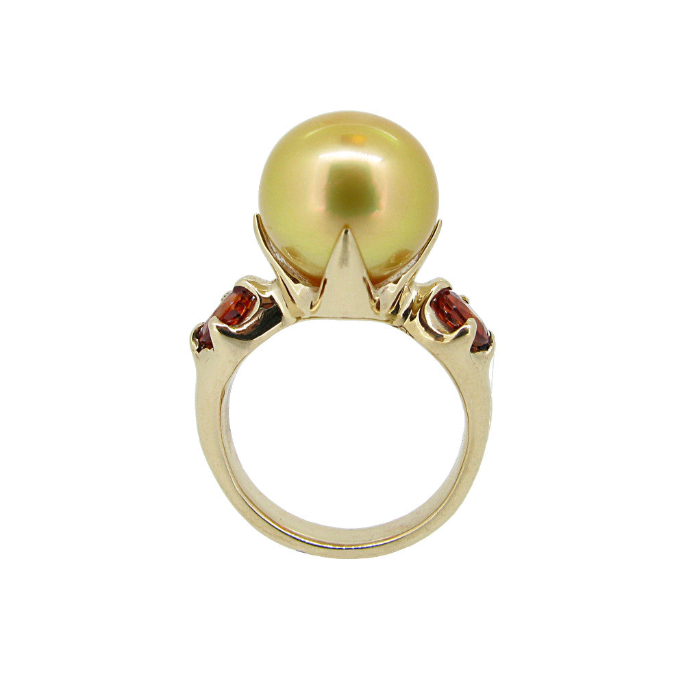Edwardian Ring with Gold South Sea Pearl and Orange Sapphires in 9ct Ina Gold