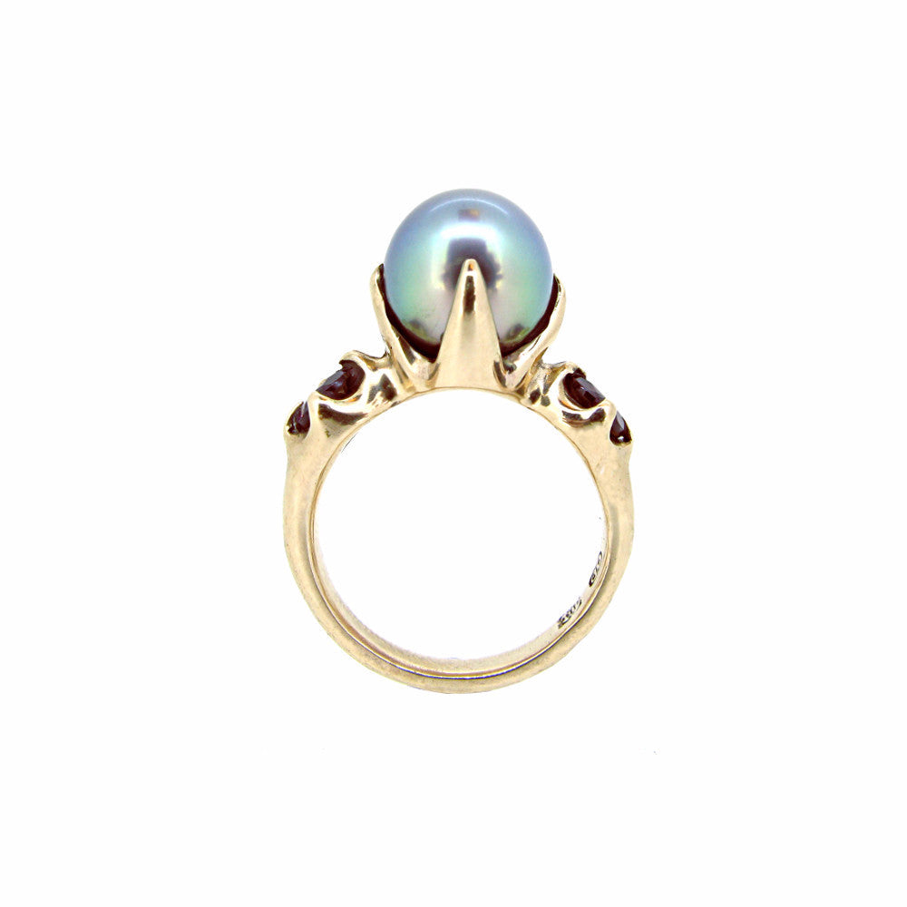 Edwardian Ring with Tahitian Pearl and Rhodolite Garnet in 9ct Ina Gold