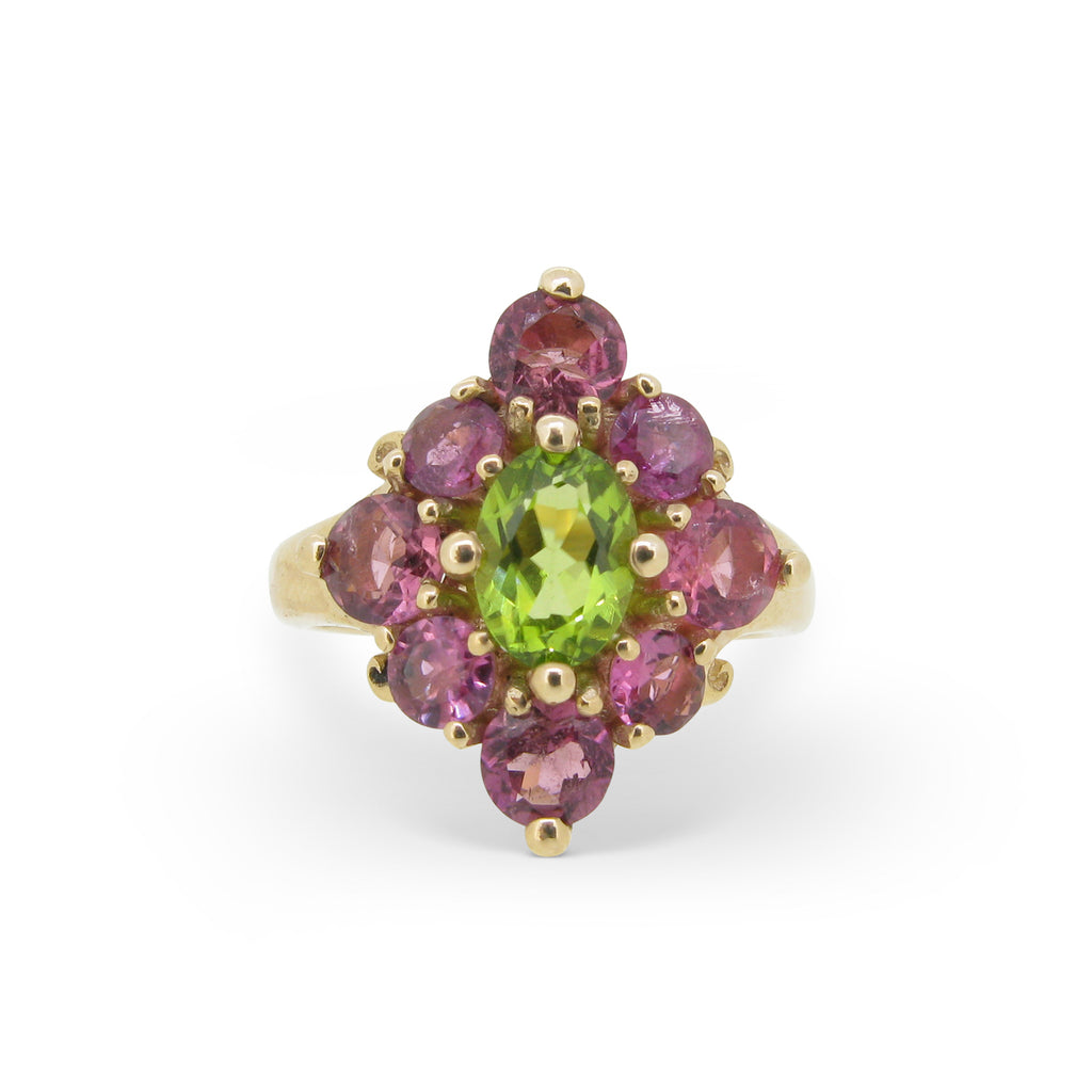 Rita Ring with Peridot and Pink Tourmalines in 9ct Ina Gold
