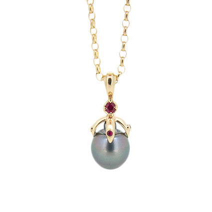 Small Orb Pendant with Tahitian Pearl and Rubies