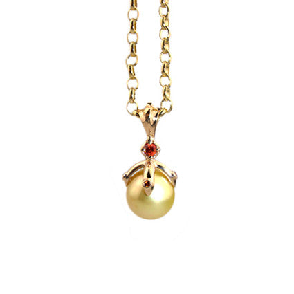 Small Orb Pendant with Gold South Sea pearl, Sapphire and Spessatite Garnets