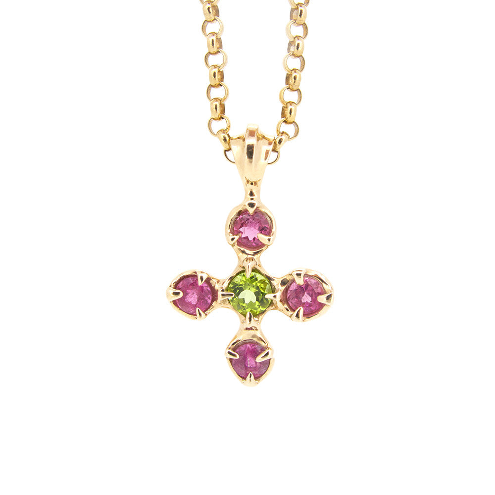 Stone Cross Pendant with  Peridot and Pink Tourmalines in 9ct Ina Gold