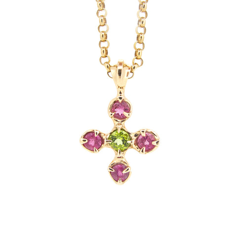 Stone Cross Pendant with  Peridot and Pink Tourmalines in 9ct Ina Gold