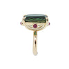 The Rock Ring with Green Quartz and Cabachon Rubies in 9ct Ina Gold