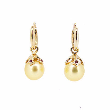 Majesty Pearl Drops with Gold South Sea Pearls and Rubies in 9ct Ina Gold