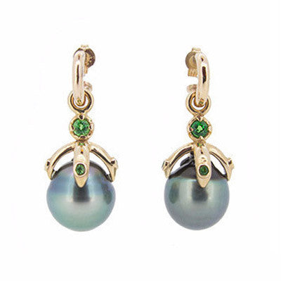 Orb Earring Drop Pair with Tahitian Pearls and Green Tsavorite Garnet in 9ct Gold